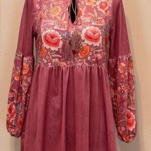 Women Vintage Print V Neck Long Sleeve Elastic Cuff Streetwear Velvet Dress - S